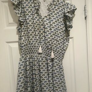 Marea Blue and White Patterned Dress with Ruffle Sleeves